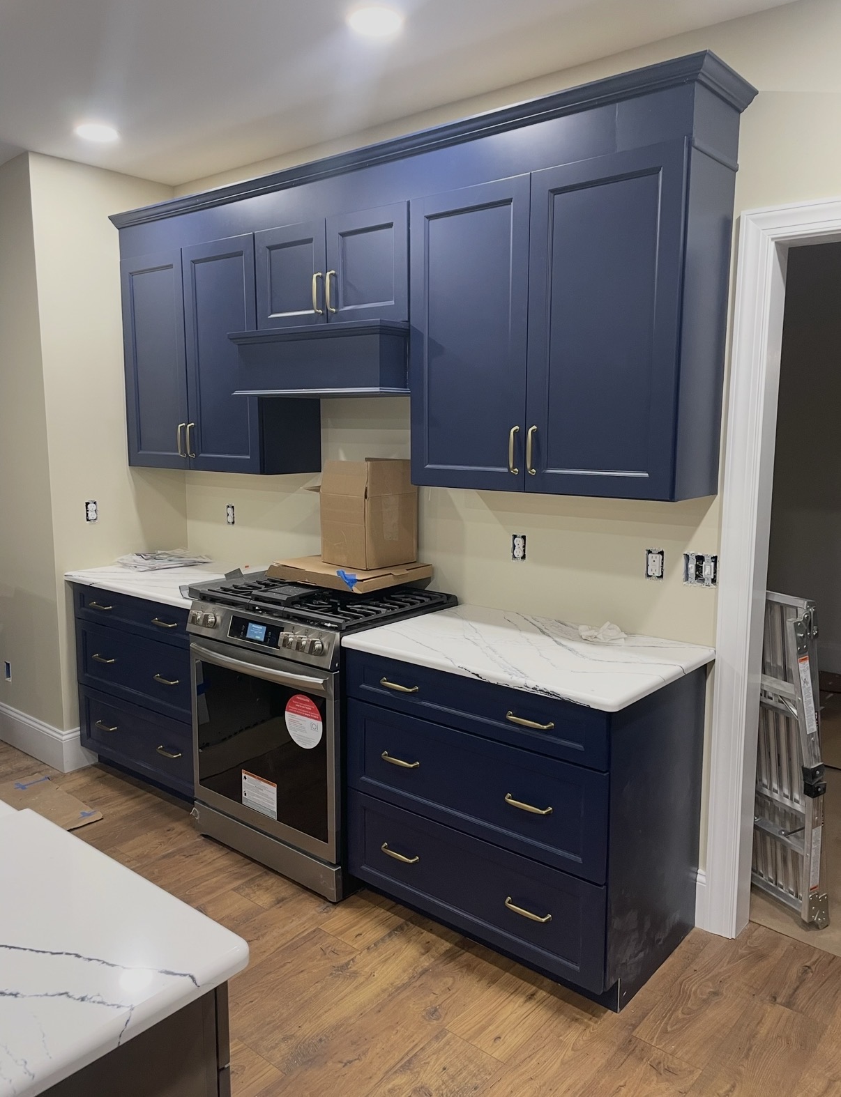Navy shaker uppers and drawer base over stainless gas range with brass hardware